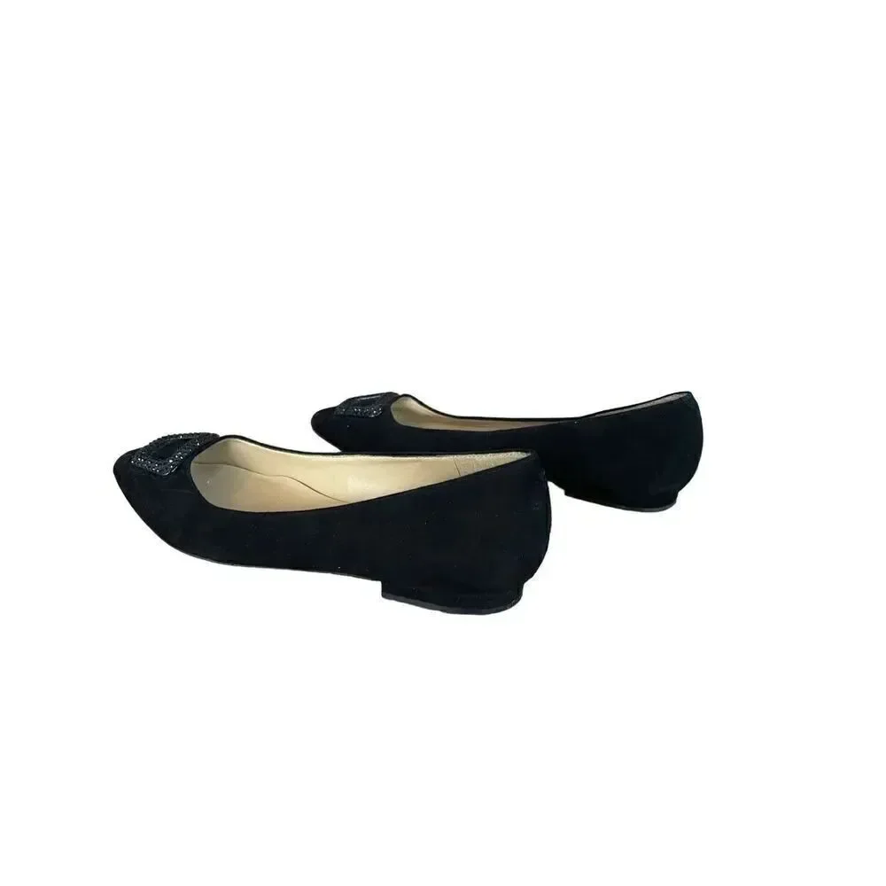 Talbots Womens Black Rhinestone Buckle Slip On Suede Flats Ballet Size 9